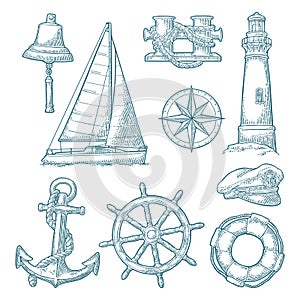 Anchor, wheel, sailing ship, compass rose, lighthouse engraving