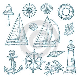 Anchor, wheel, sailing ship, compass rose, shell, crab, lighthouse engraving