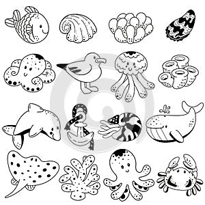 Set sea animals and corals in black and white
