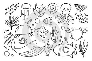 Set of sea animals in doodle style. Vector illustration. Collection of marine inhabitants.