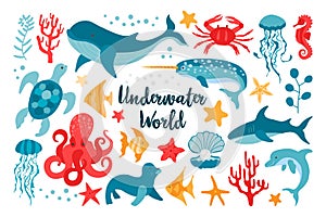 Set of sea animals in flat style hand drawn. Vector clip-art for the design of children`s products. Fish, jellyfish, corals.