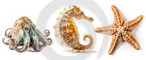 Set with sea animals, isolated on white background. Collection of ocean inhabitants. Marine life. Undersea creatures