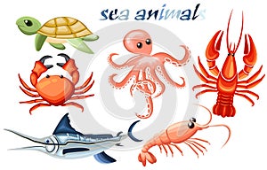 A set of sea animals - octopus, crab, cancer, fish-needle, tortoise and shrimp