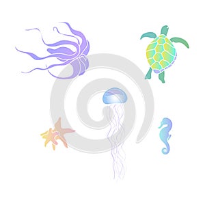 A set of sea animals: octopus, marine turtle, starfishes, jellyfish and seahorse. Vector Illustration