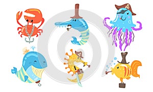 Set of sea animals in the role of a pirate. Vector illustration.