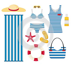 Set of sea and beach flat icons. Collection of design elements. Vector illustration