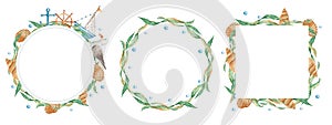 Set of sea circle and square frames. Wreaths with cute watercolor ship, boat with wooden steering wheel and nautical