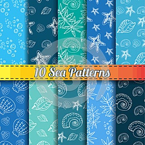 Set of 10 sea different seamless patterns. Endless vector illustration with sea shells, starfish, seaweed. Set of hand drawn blue