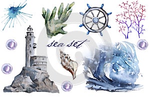 Set with sea elements. lighthouse, wave, algae. Isolated on white background