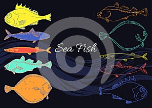 Set of sea fish on a black background. Perch, cod, mackerel, flounder, saira. Vector color doodle.
