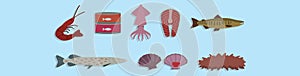 Set of sea food cartoon icon design template with various models. vector illustration isolated on blue background