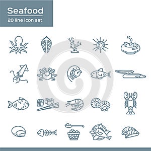 Set of Sea Food Related Vector Icons, flat style with thin line art seafood icons on white backgroundn