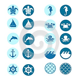 Set of sea icons on color background. Ocean animals, anchor and steering wheel in circle isolated on white background