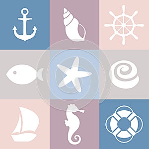 Set of sea icons. Shell, starfish, fish, anchor, steering wheel, life preserver, ship, sea horse.