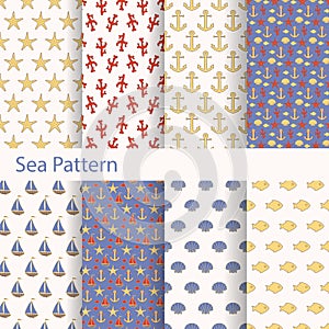 Set of sea and nautical seamless patterns for printing onto fabric and paper.