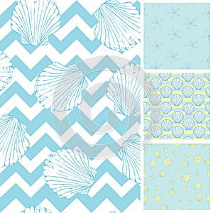 Set of sea and nautical seamless patterns in white and pale blue colors.