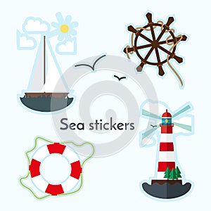 Set of sea object - lighthouse, sail boat, ship wheels and lifebuoy.