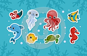 Set of sea and ocean underwater animals. Cute aquatic turtle, seahorse, jellyfish, turtle, crab, dolphin, octopus