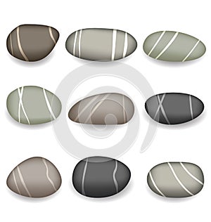 Set sea pebbles with shadows on white background