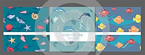 Set of sea seamless patterns with dolphin, shells, fish. Scrapbook design elements. collection Cute cartoon character