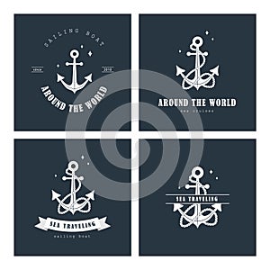 Set of sea traveling logos. Vintage stamps with anchor icons. Maritime cruise. Nautical badges collection. Vector