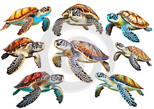 Set of sea turtles on a transparent background, Generative AI