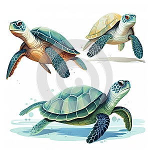 Set of sea turtles on white background