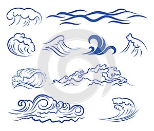 Set of sea waves. Collection of stylized waves for the logo. Vector illustration for travel agencies.