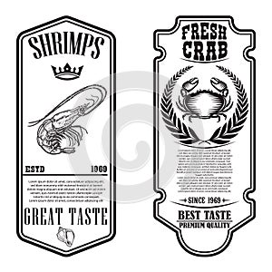 Set of seafood flyers with shrimp and crab illustrations. Design element for poster, banner, sign, emblem.
