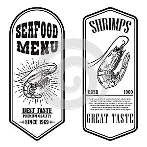 Set of seafood flyers with shrimp illustrations. Design element for poster, banner, sign, emblem.