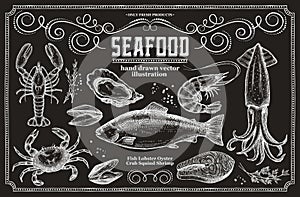 Set of seafood illustrations drawn in vector format.