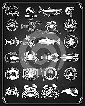 Set of seafood labels and badges.