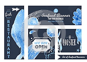 Set of seafood promotional banners for cafe, restaurant in social media with hand drawn fish. Vector illustration