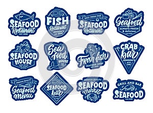 Set of Seafood stickers, patches. Blue badges, emblems, stamps for on white background.