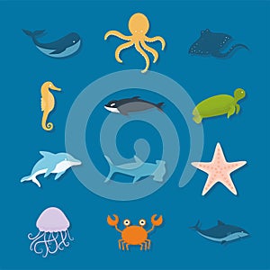 set of sealife icons on a blue background