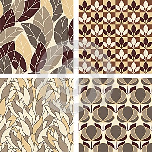 Set of Seamless abstract floral patterns. Beige vector background. Geometric leaf ornament