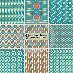 Set of seamless abstract geometric patterns in retro colors