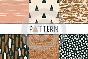 Set of seamless abstract ink patterns. Abstract design of surfaces from dots, stripes, spots.