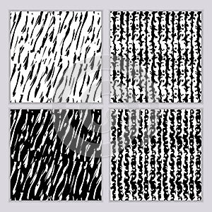 A set of seamless abstract monochrome patterns. Black and white print with wavy lines, dots and spots. Brush strokes are hand-