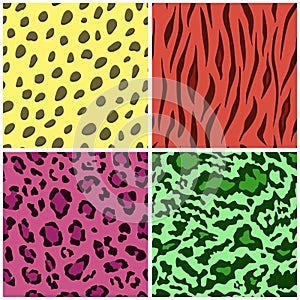 Set of seamless animal fur bright color patterns, vector feline or cat background