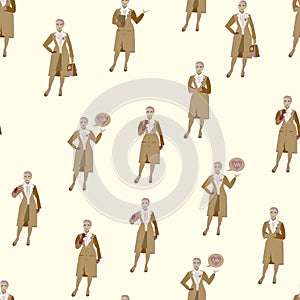 Set, seamless background in retro colors. woman doctor. Different poses, tools. Cartoon vector flat