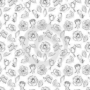 A set of seamless backgrounds with leaves, flowers and flower bud. Line drawing. Lines have different widths. Black