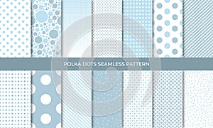 Set of seamless blue polka dot backgrounds. Seamless background in circle. Soft blue polka dot seamless pattern set. Baby