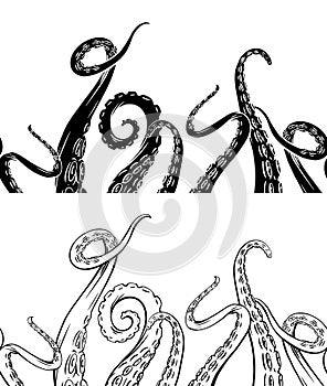 Set of seamless border of black silhouette and hand drawn sketches octopus tentacles. Creepy limbs of marine inhabitants. Vector