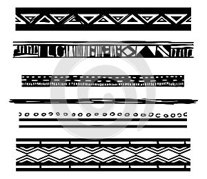 Set of seamless borders for design. Horizontal stripes. Black and white print for your textiles.