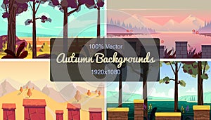Set of seamless cartoon autumn landscape, simple horizontal game locations, size 1920x1080 photo
