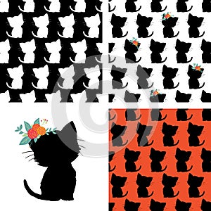 Set of seamless cat pattern and kitty silhouette black white red. Repeating vector animal background. Kitten with