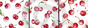 Set of 3 seamless cherry patterns on a white background.