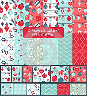 Set of seamless colorful bright and fun Christmas patterns