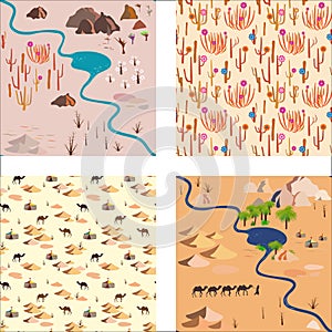Set seamless desert pattern with river, palms and rocks